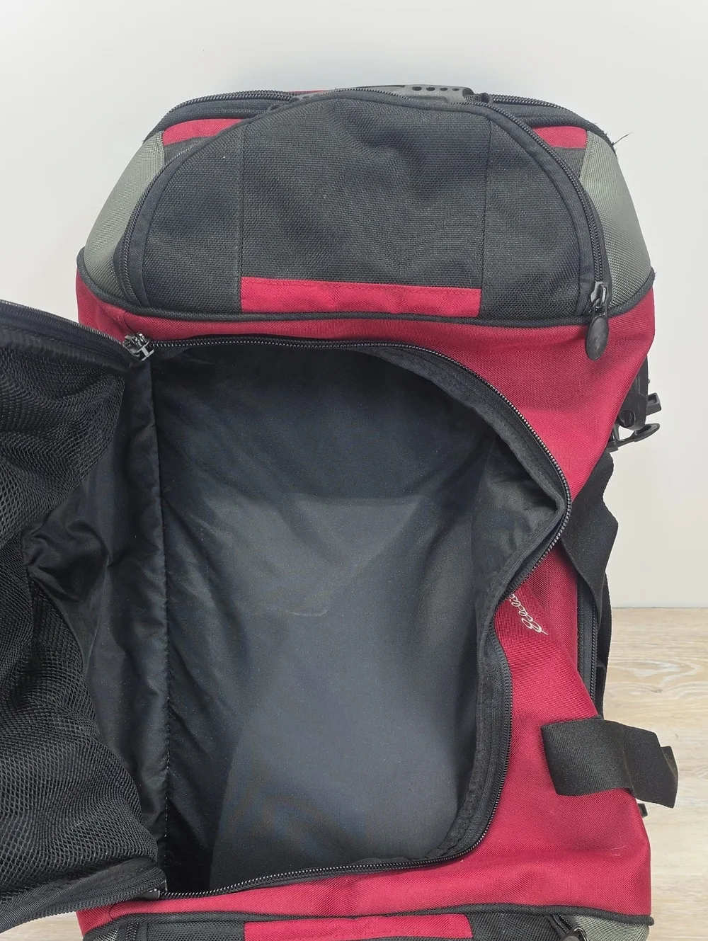​Eddie Bauer Burgundy Red Drop-Bottom Rolling Duffel Bag Suitcase Travel Luggage